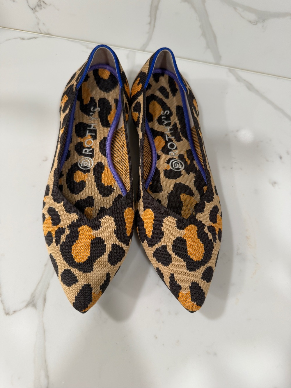 Rothy's Big Cat Leopard Knit Pointed Flats - Tan/Black/Gold